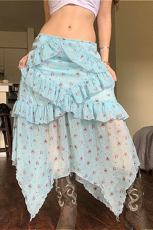 Jupe asymétrique taille basse en maille florale