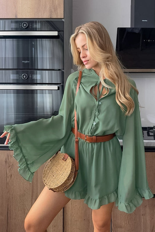 Vintage Lace Up Sleeve Ruffle Mini Dress