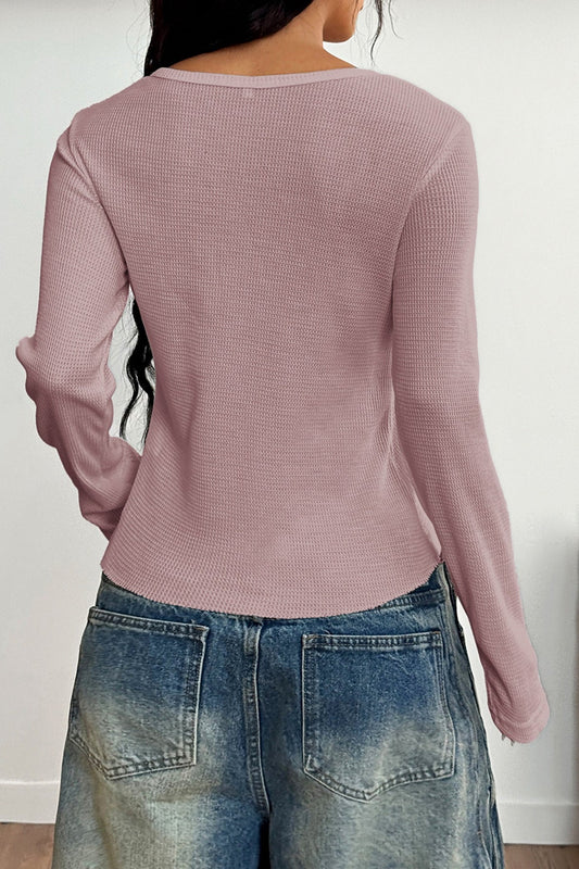 Button-Front Long Sleeve Knit Top