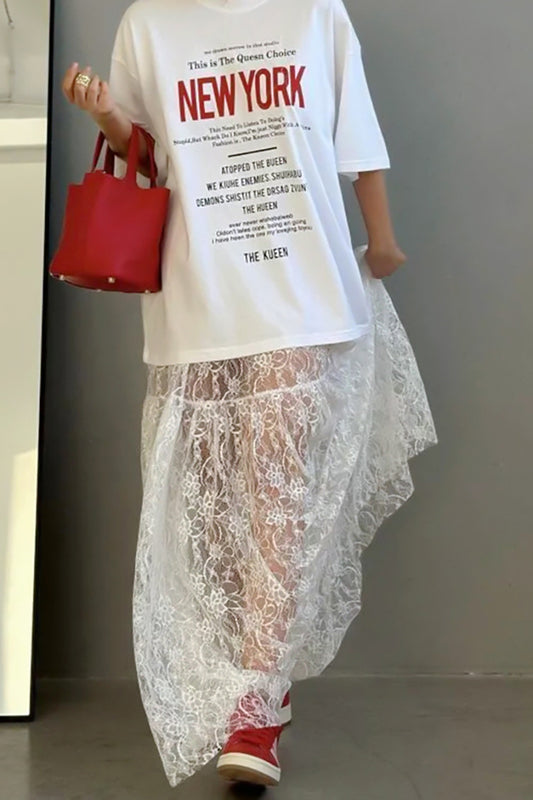 Jupe trapèze taille haute transparente en dentelle florale