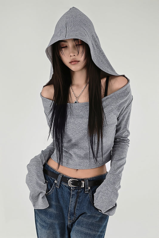 Hooded Off Shoulder Cropped Blouse