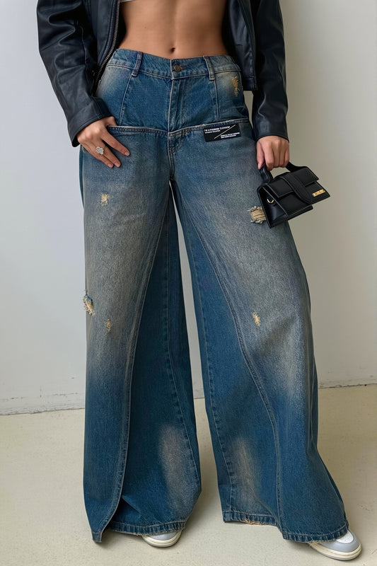 Distressed Zip Pocket Wide Leg Jeans