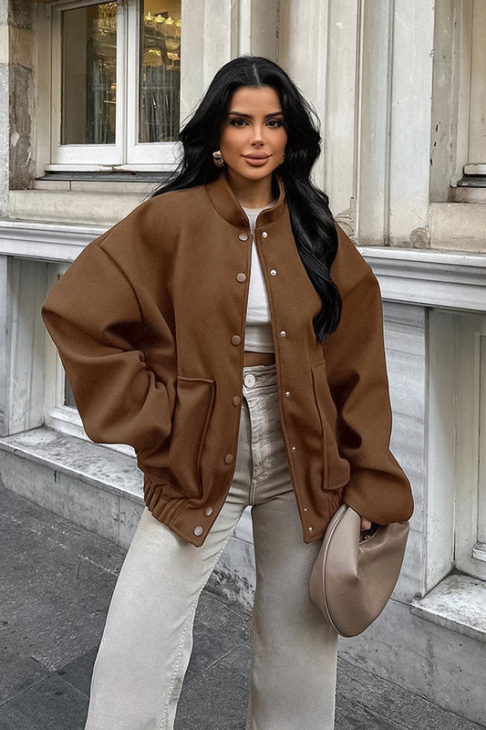 Manteau en laine marron chiné à col montant