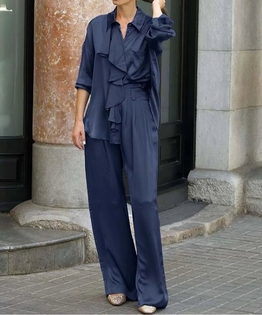 Ensemble chemise et pantalon à volants en satin bleu pour le bureau, deux pièces