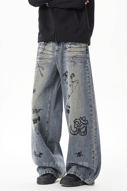 Washed Graffiti Wide Leg Jeans