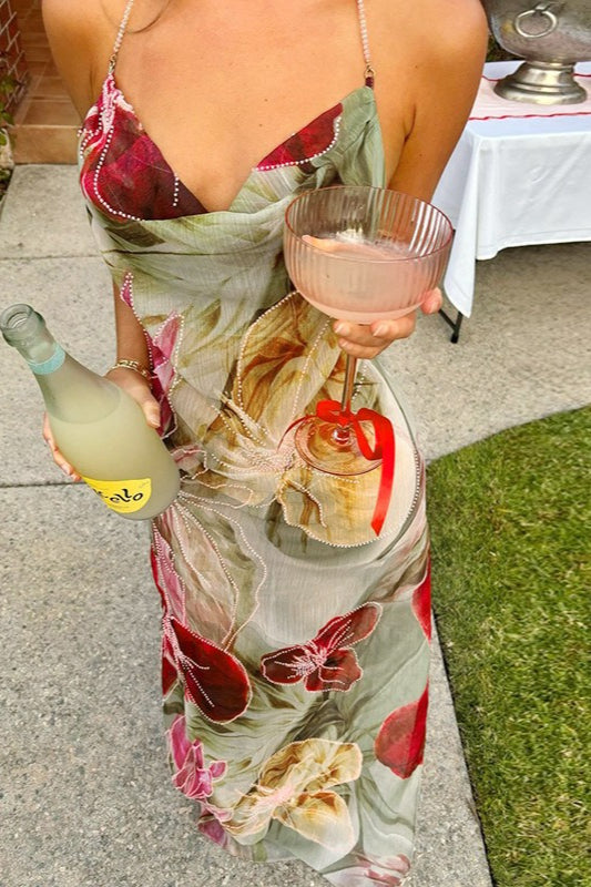 Robe longue de vacances fendue à imprimé floral transparent