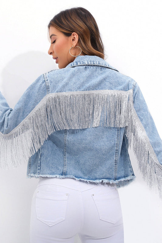 Fringed Patchwork Plus Size Denim Jacket