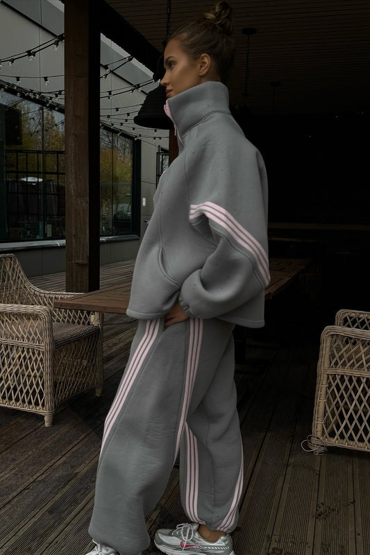 Striped Zip Jacket and Wide Leg Pants Set