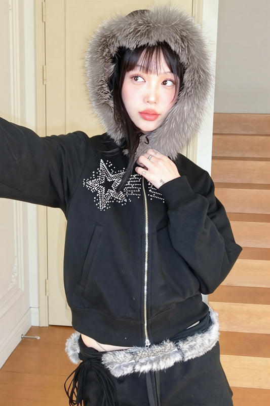 Faux Fur Trim Star Rhinestone Hoodie