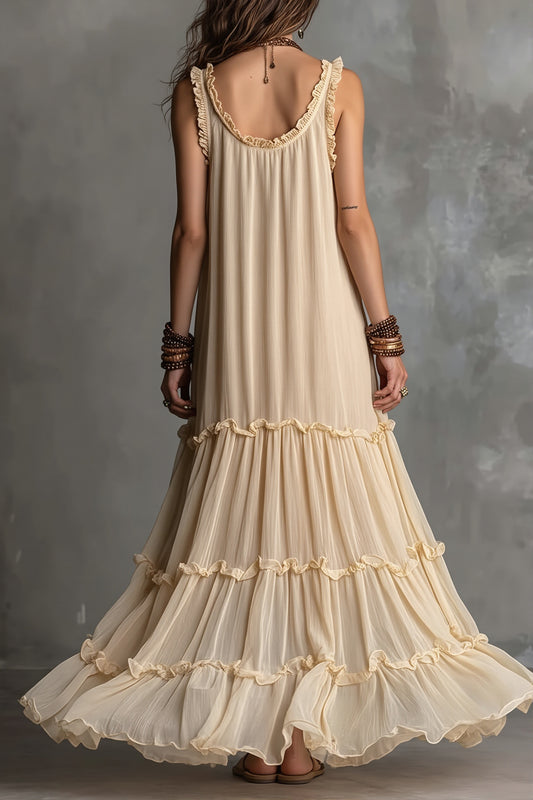 Solid Flowy Pleated Maxi Boho Dress