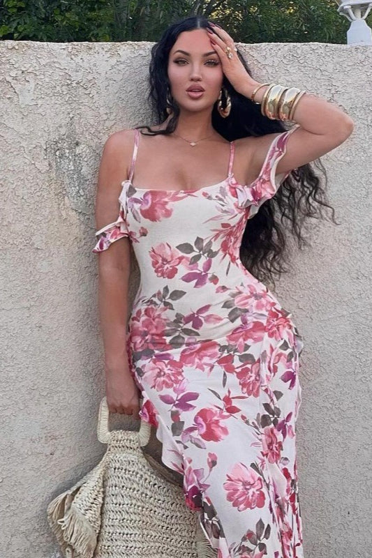 Robe longue décontractée à bretelles spaghetti et à fleurs