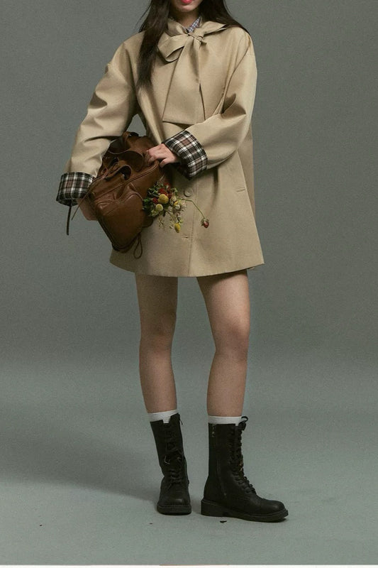 Plaid Blend Bow Front Outerwear