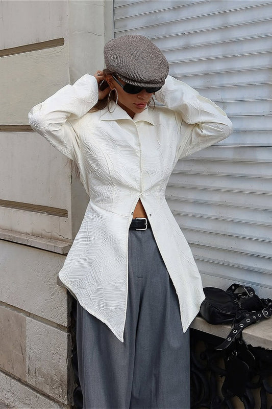 Solid Collared Tie Waist Split Blouse