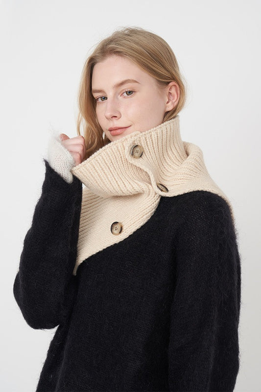 Wool Blend Solid Knitted Removable Buttoned Scarf