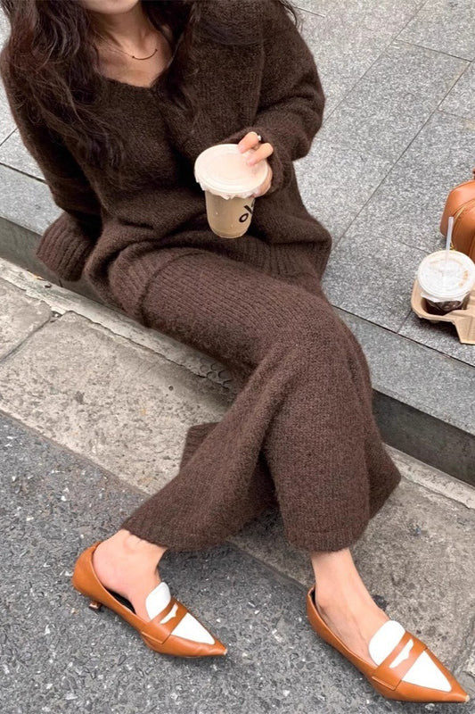 Lazy V-neck Knit Sweater Mermaid Skirt Two Piece Set