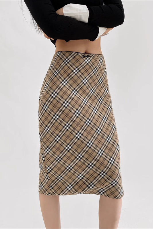 Lace Trimmed Plaid Bodycon Skirt