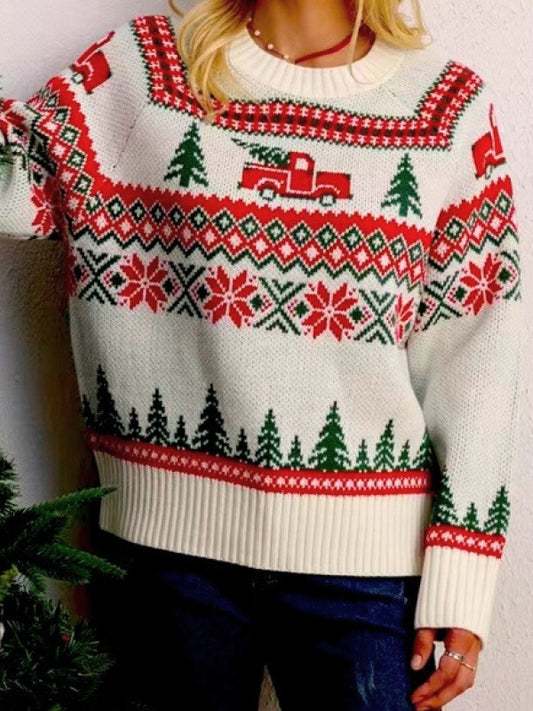 Tree Print Crew Neck Color Block Embroidery Sweater
