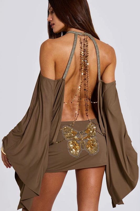 Backless Chain Bodycon Batwing Sleeve Mini Dress