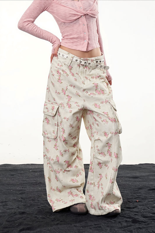 Floral Multi Pocket Wide Leg Cargo Pants