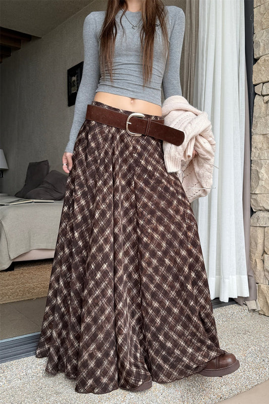 Plaid Vintage Earthy Tones High Waist Flowy Midi Skirt