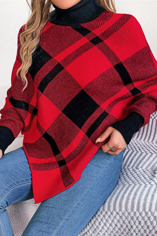 Plaid Contrast Turtleneck Cape Sweater