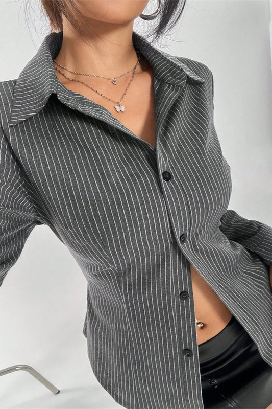 Button Striped Long Sleeve Shirt Cardigan Blouse