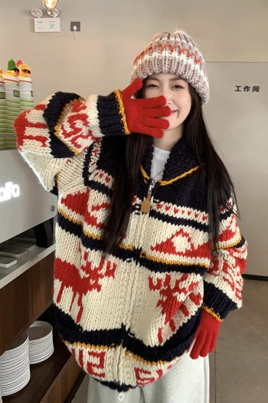 Knitted Relaxed Deer Striped Sweater