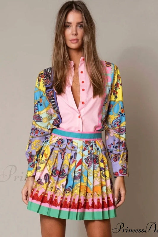 Ensemble chemisier à imprimé floral et jupe plissée