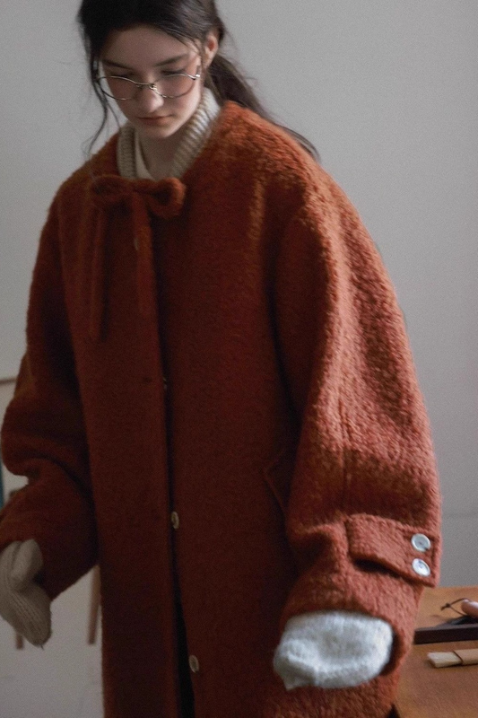 Bow Tie Waist Loose Slim Wool Blend Outerwear