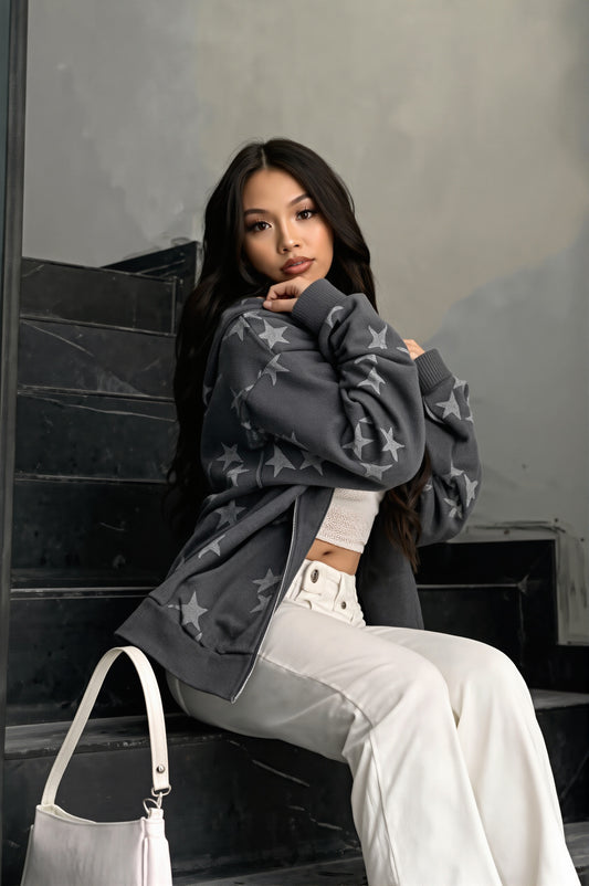 Star Print Oversize Pocket Zip Hoodie