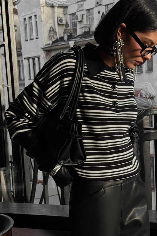 Pull polo rayé colorblock en maille