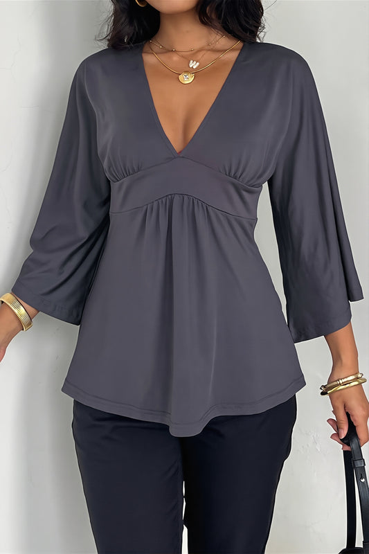 Deep V Empire Waist Bell Sleeve Blouse