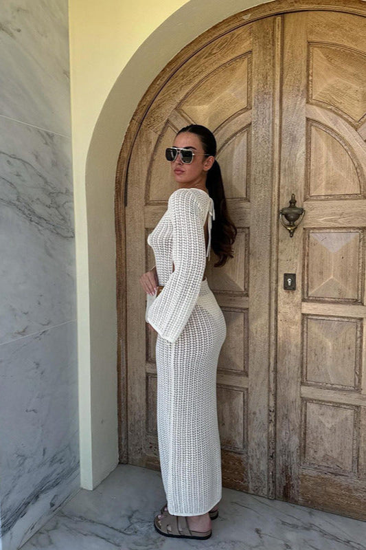 Robe longue de plage en tricot à col en V et dos nu