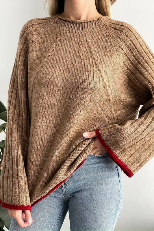 rewneck Ribbed Base Bell Sleeve Loose Sweater Light brown / S