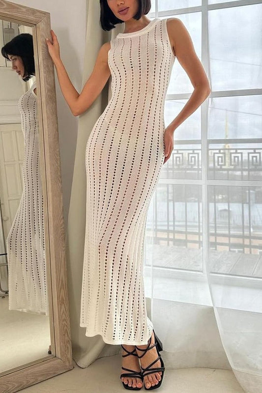 Robe de plage bohème sans manches en tricot creux