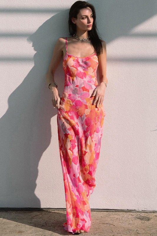 Robe longue moulante à fleurs et col en U, dos nu et licou