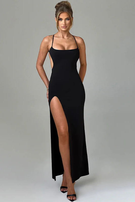 Robe d'été sexy fendue, coupe ajustée, bretelles spaghetti, robe de soirée