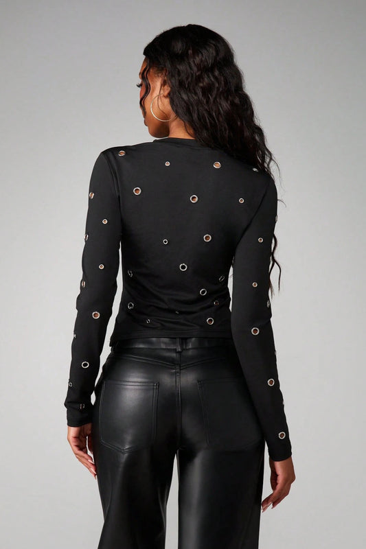 Metal Eyelet Cutout Mock Neck Long Sleeve Tee