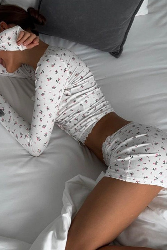 Floral Long Sleeve Cardigan Shorts Lounge Set