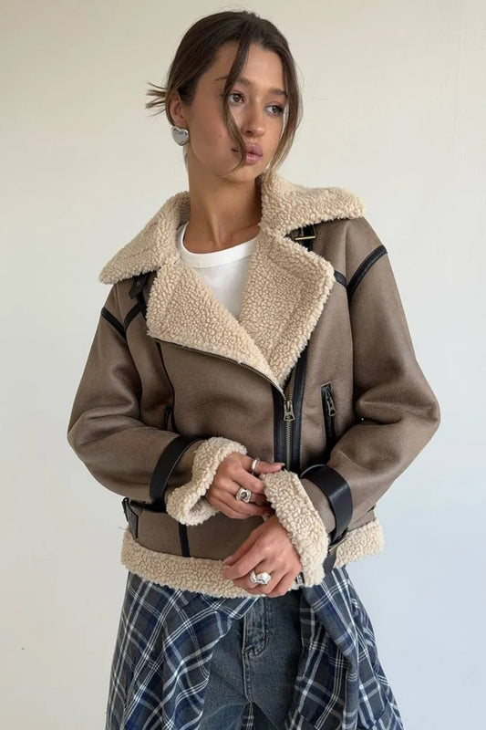 Manteau long à revers en faux daim patchwork vintage