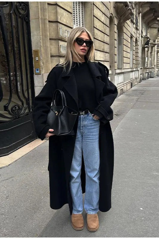 Elegant Turn-Down Collar Double-Breasted Long Overcoat