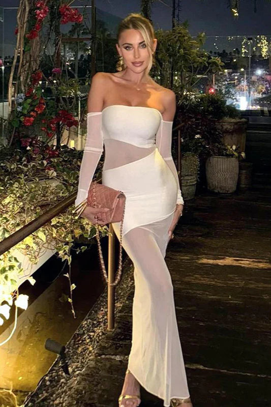 Robe de soirée bustier élégante et sexy à manches longues et empiècement en maille