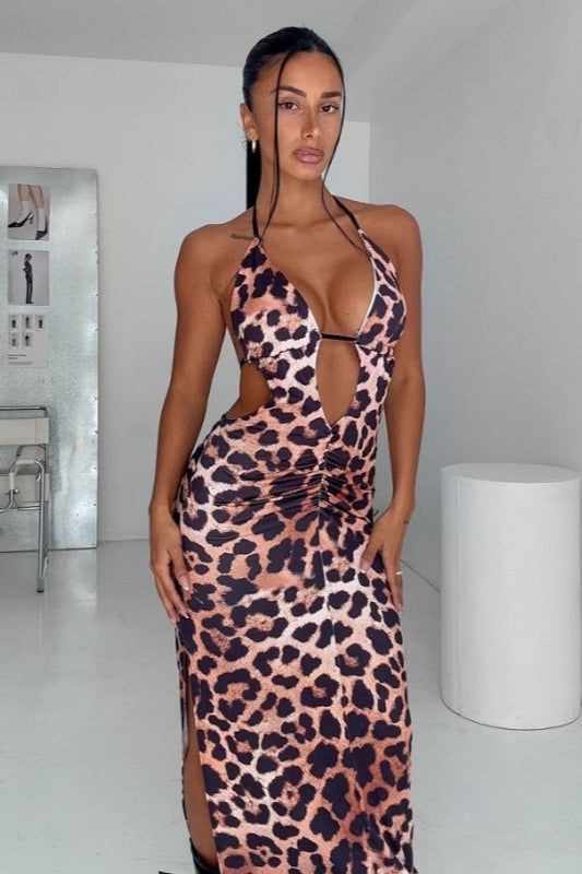 Robe longue sexy léopard taille haute dos nu