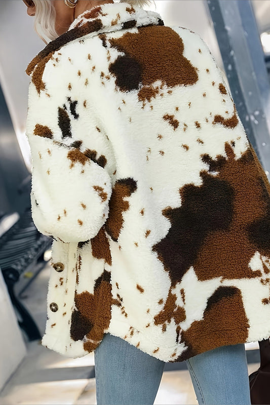 Cow Print Button Front Plush Coat