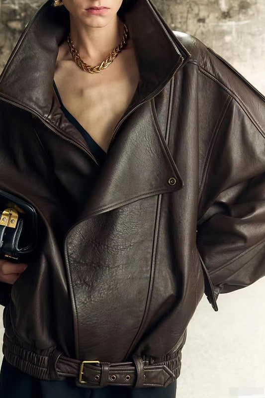 Veste de moto vintage en cuir véritable