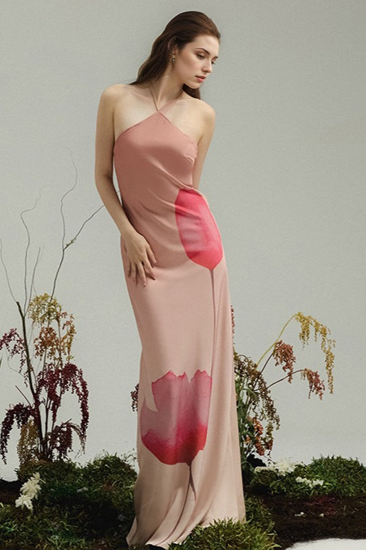 Robe longue taille haute dos nu à imprimé floral