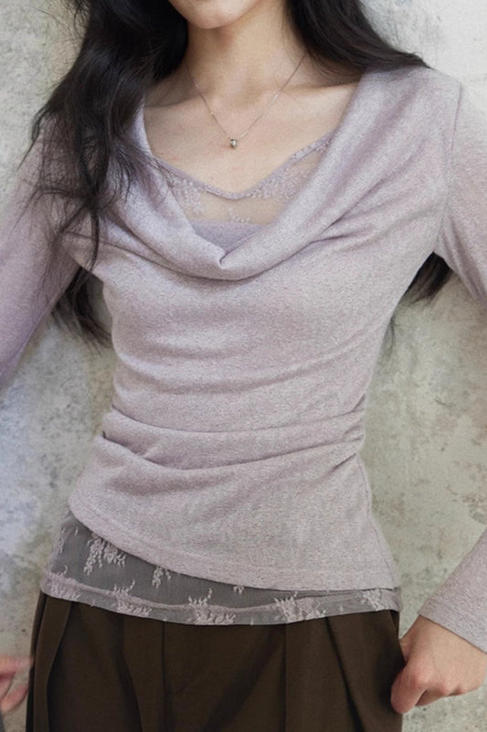 Mock Two Piece Draped Lace Knit Top