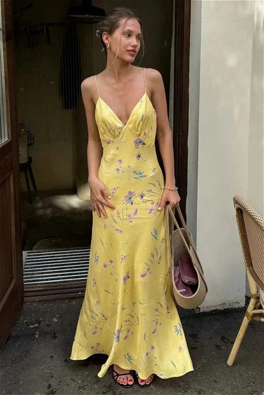 Robe décontractée à imprimé floral jaune et bretelles spaghetti