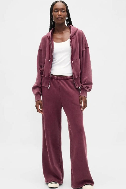 Retro Solid Hooded Zipper Loose Two Piece Set