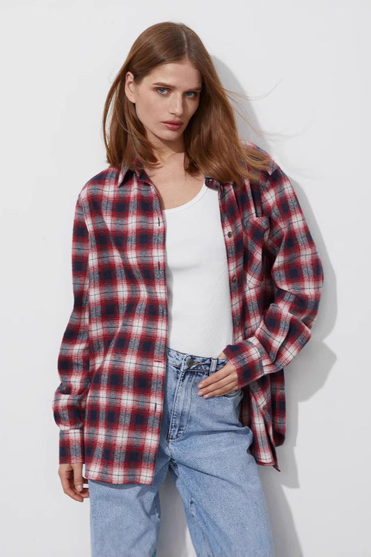Cotton Plaid Oversized Shirt Blouse